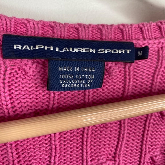 Ralph Lauren Cable Knit Sweater M Pink VNeck Pony Classic Old Money Tennis - Picture 4 of 8